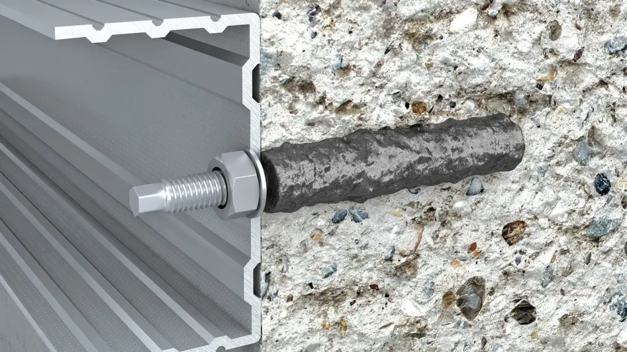 Przekrój przez profil aluminiowy i beton, pokazujący kotwy do betonu z nakrętką i podkładką.